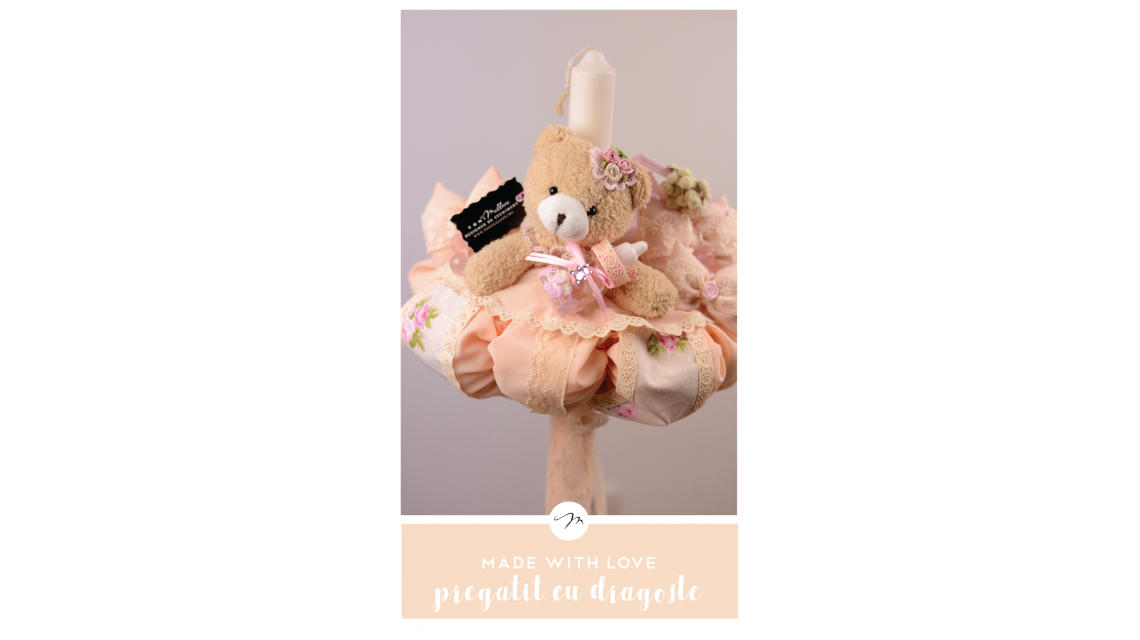 Lumanare de botez pentru fetite cu ursuleti si flori, 65x4 cm,  Piersicuta 1